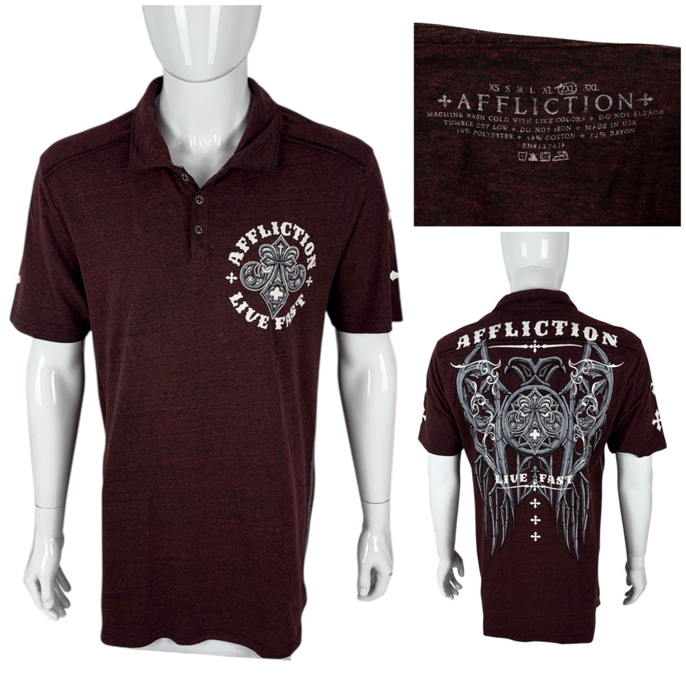 Affliction Mens Large (actual) Polo Shirt Burgundy Cotton Blend Made In USA